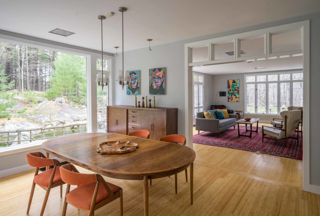 dining room and sitting room of a modern house in westen massachusetts