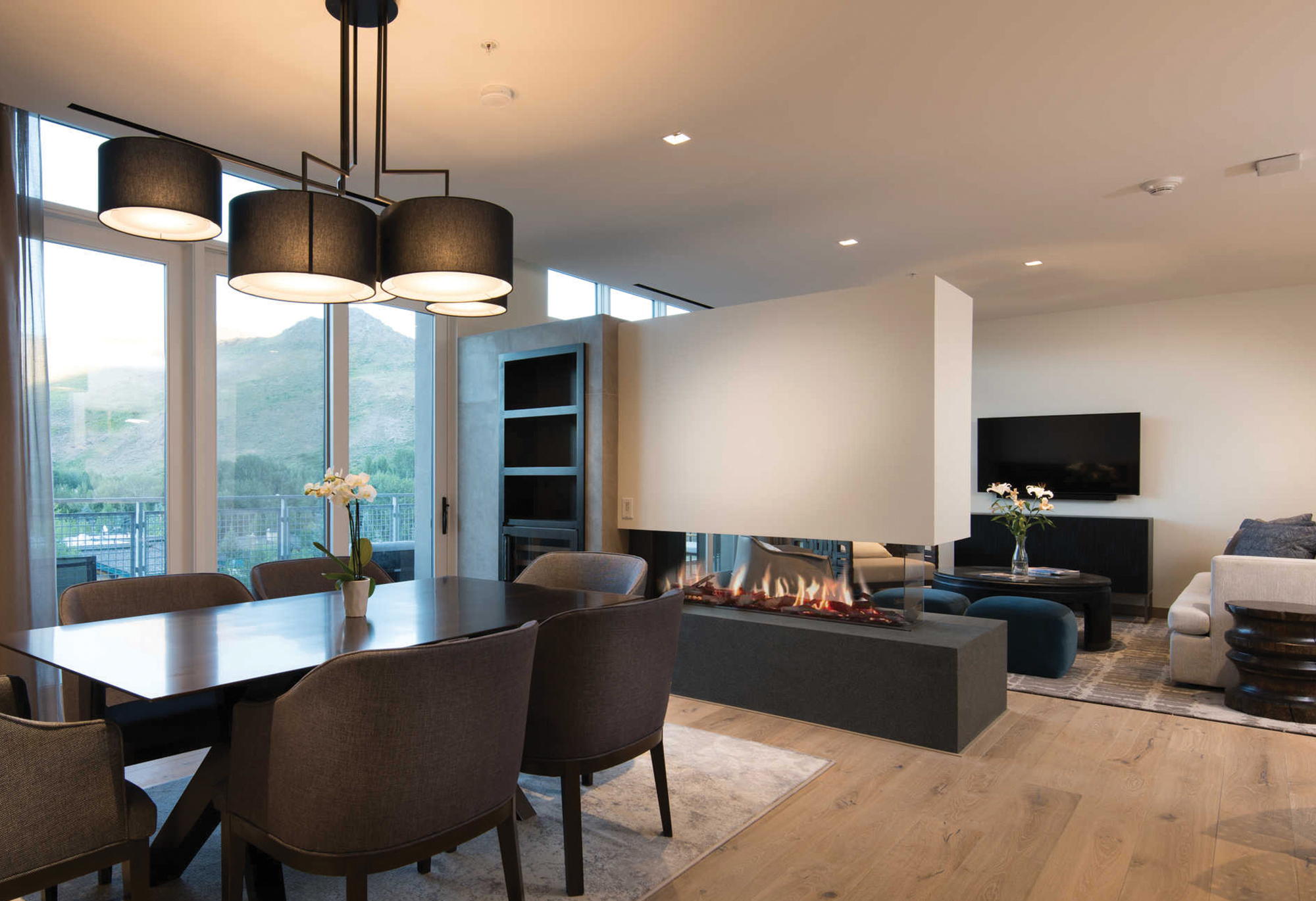 Modern room with Linear Peninsula fireplace. Photography by Tory Taglio